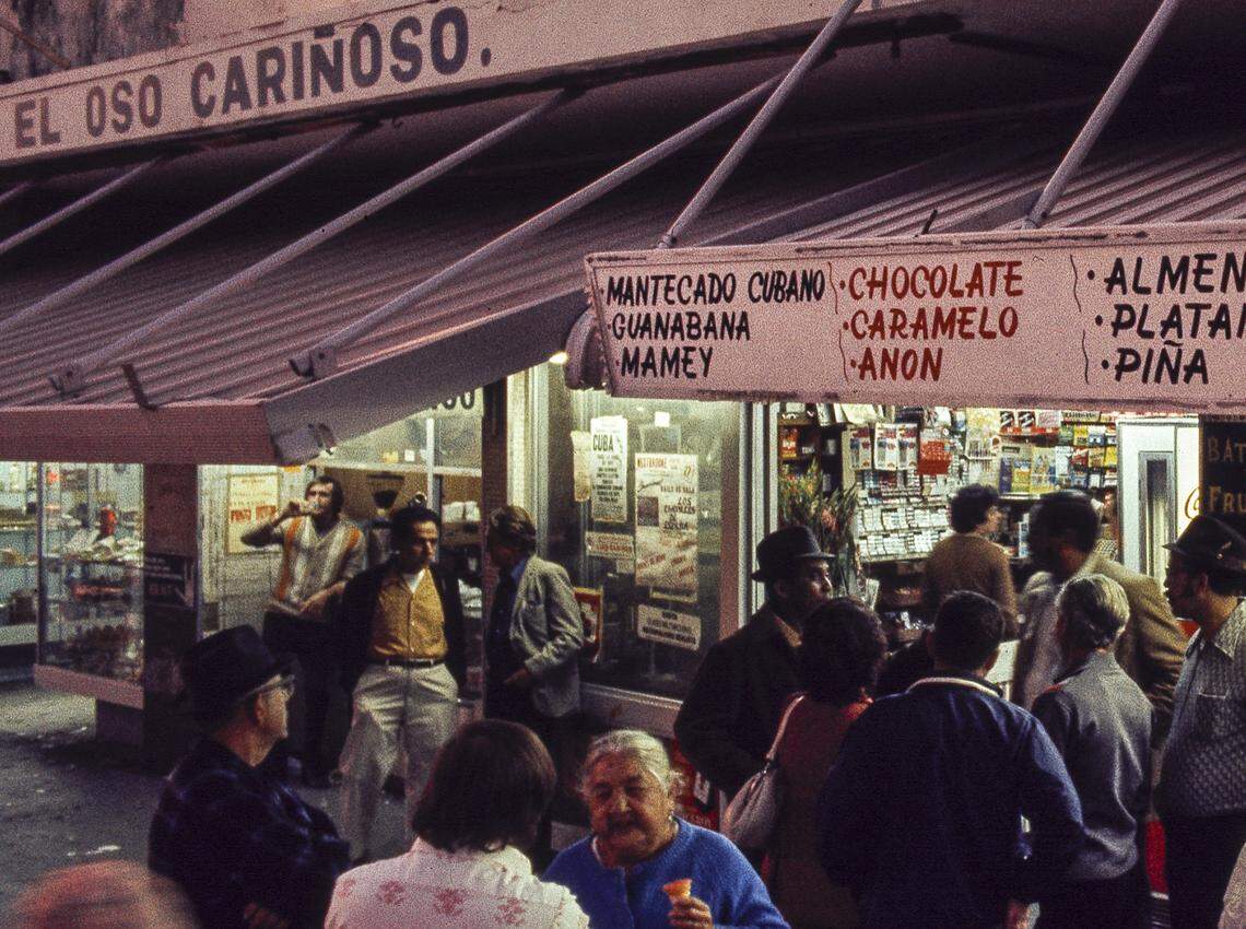 This close-up shows a man on the far left sipping a drink outside of what is believed to be the first ventanita, the Cuban coffee walk-up windows which created Miami’s Cuban coffee culture. Felipe Valls Sr. innovated a single-hung window with the bottom track removed when El Oso Blanco market on Flagler Street and Southwest 12th Avenue enclosed its open-air market in 1963. The market burned down Feb. 14, 1977.