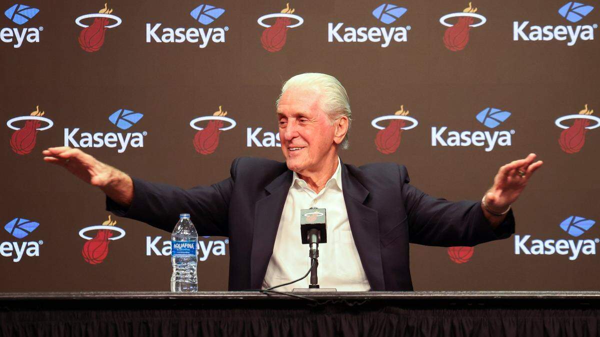 Heat president Pat Riley gives his remarks regarding key players’ extensions (Jimmy Butler and Bam Adebayo) and possible changes to come during his end of the season press conference at Kaseya Center in Miami on Monday, May 6, 2024.