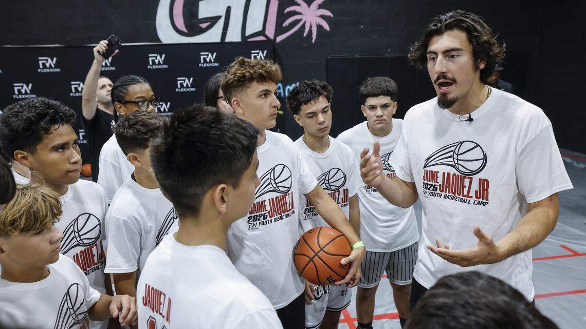 Miami Heat forward Jaime Jaquez Jr. speaks to players at his youth basketball camp at Game Point Miami, in Hialeah, Florida, on Saturday, August 16, 2025. 