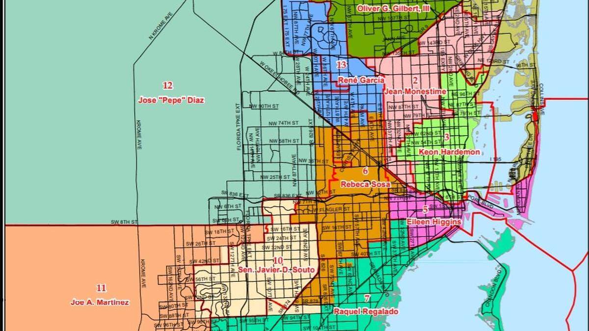 A color-coded version of the proposed redistricting map for Miami-Dade County’s 13 commission districts. Commissioners approved the final layout, with some changes, on Wed., Dec. 1, 2021.