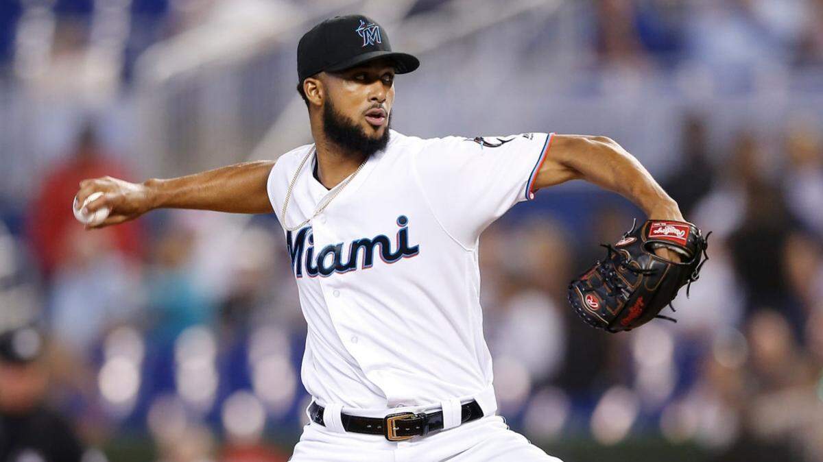 The Miami Marlins’ Sandy Alcantara pitches against the New York Mets on Sunday, July 14, 2019, at Marlins Park.