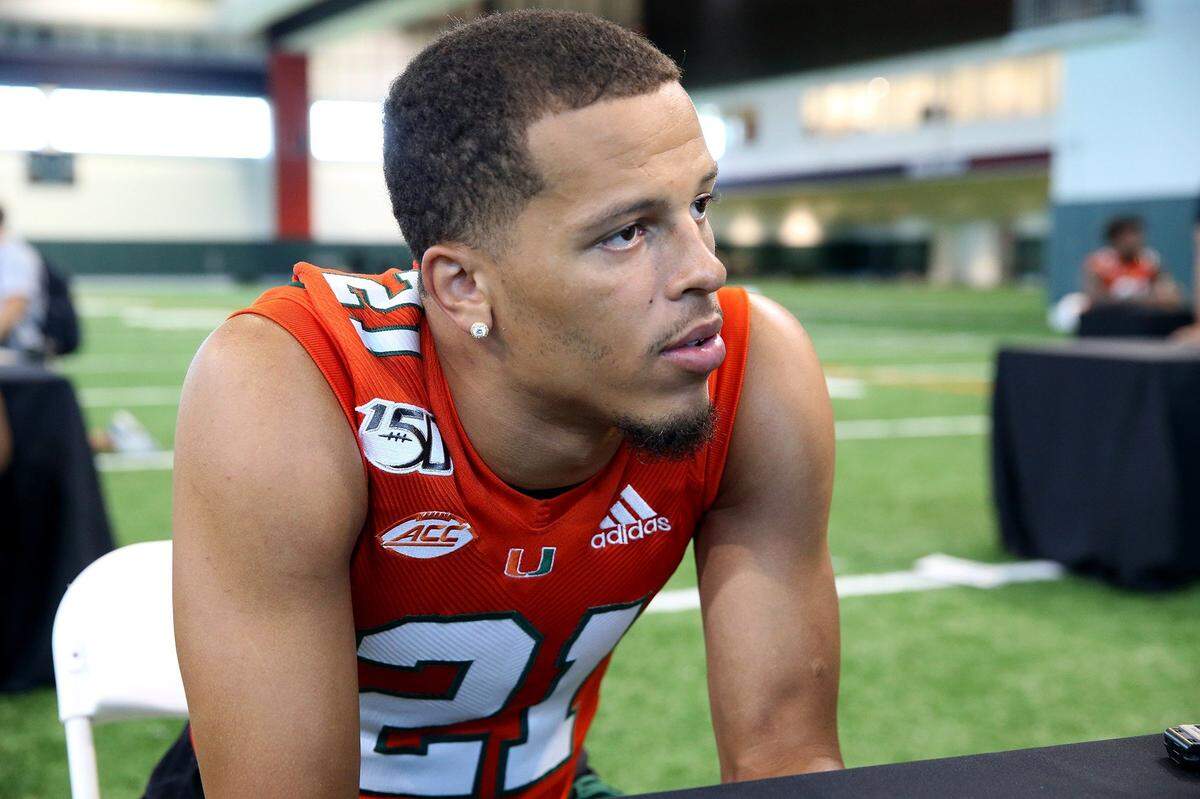 Miami Hurricanes defensive back Bubba Bolden (21) at media day at the University of Miami in Coral Gables, Florida, Tuesday, August, 13, 2019.