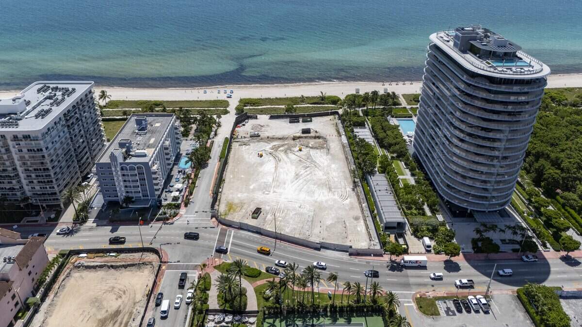An aerial view of the former Champlain Towers South condominium site at 8777 Collins Avenue, in Surfside on Wednesday, June 17, 2026.