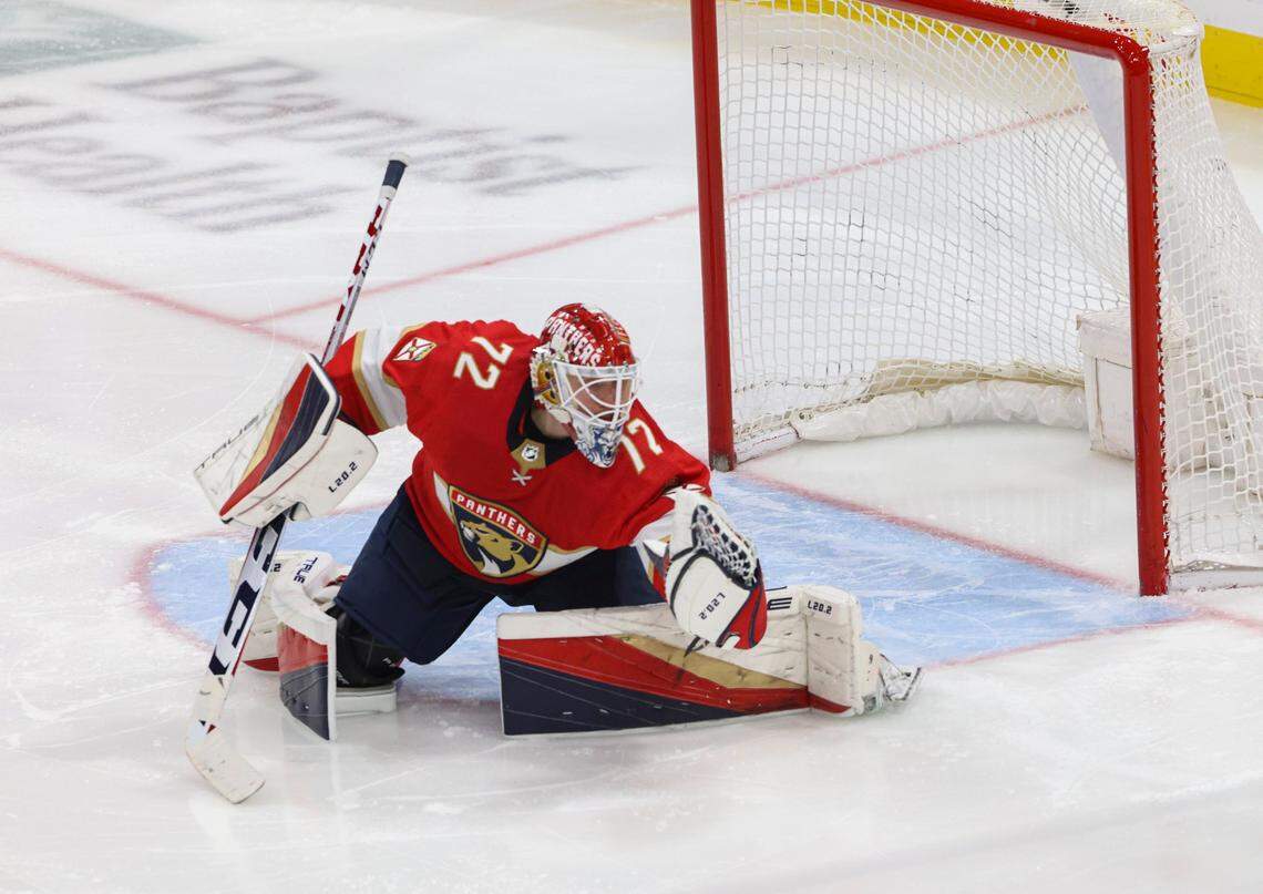 Florida Panthers goaltender Sergei Bobrovsky (72) catches a shot on goal during the third period of a NHL game between the Florida Panthers and the Anaheim Ducks on Monday, Feb. 20, 2023, at FLA Live Arena in Sunrise, Fla. The score was tied 3-3 at the end of the third.