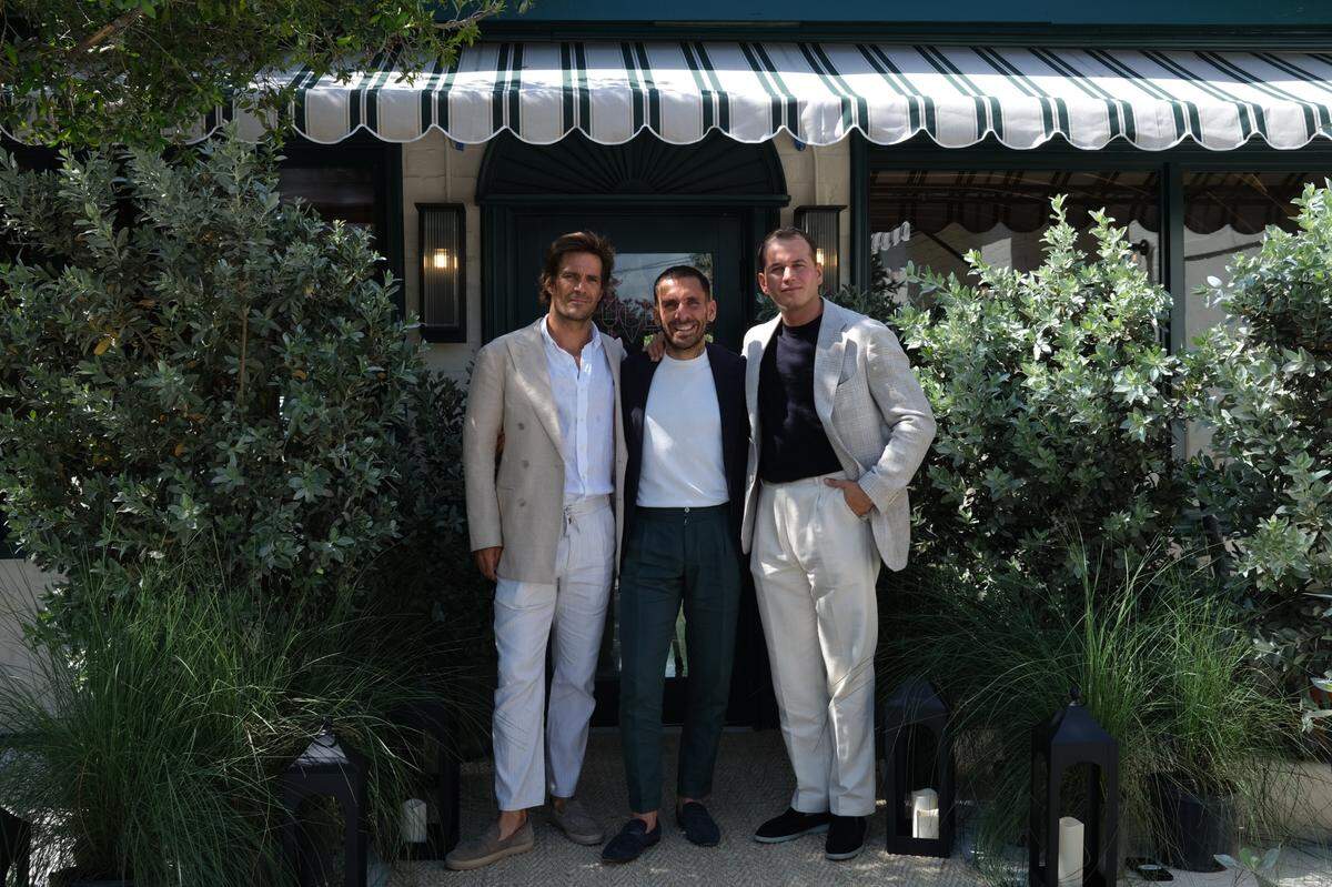 Ignacio Lopez, Andrea Fraquelli and Mattia Cicognani at the front door of San Lorenzo, their new Italian restaurant in Miami.
