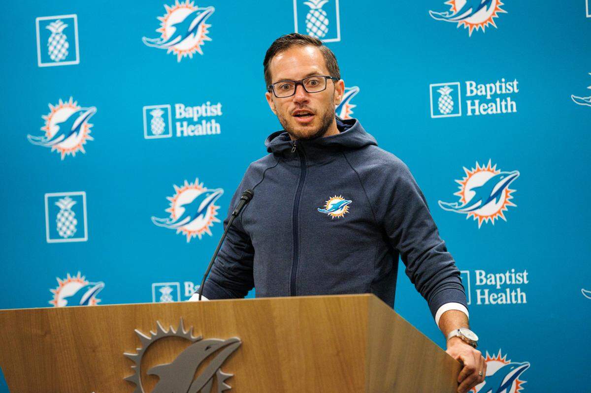 Miami Dolphins head coach Mike McDaniel speaks to reporters before the NFL football team’s organized team activities at Baptist Health Training Complex in Hard Rock Stadium on Tuesday, May 24, 2022 in Miami Gardens, Florida, in preparation for their 2022-23 NFL season.