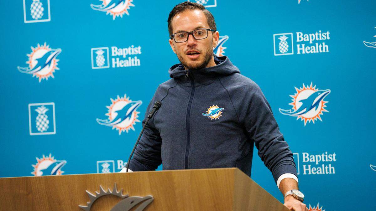 Miami Dolphins head coach Mike McDaniel speaks to reporters before the NFL football team’s organized team activities at Baptist Health Training Complex in Hard Rock Stadium on Tuesday, May 24, 2022 in Miami Gardens, Florida, in preparation for their 2022-23 NFL season.