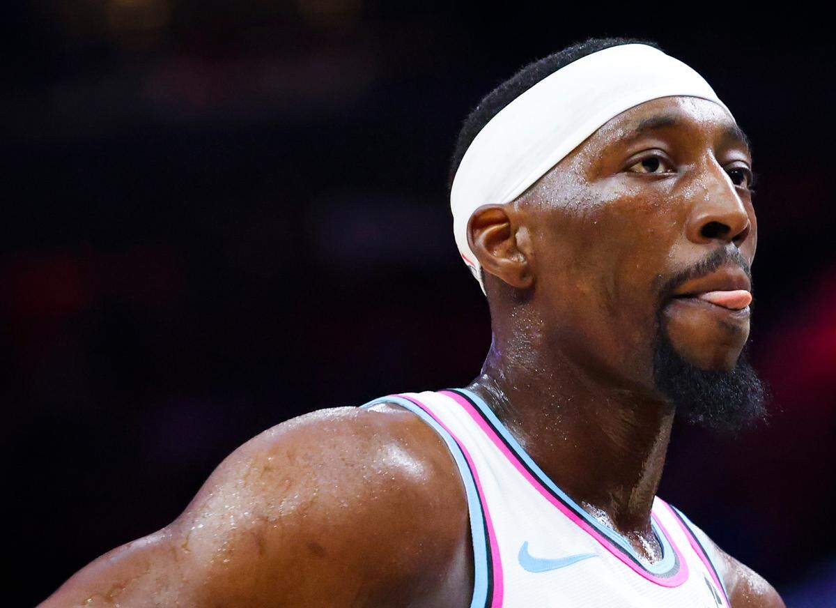Miami Heat center Bam Adebayo (13) looks at the court during the first half of a game against the Atlanta Hawks on Thursday, March 27, 2025, at the Kaseya Center in downtown Miami, Fla.