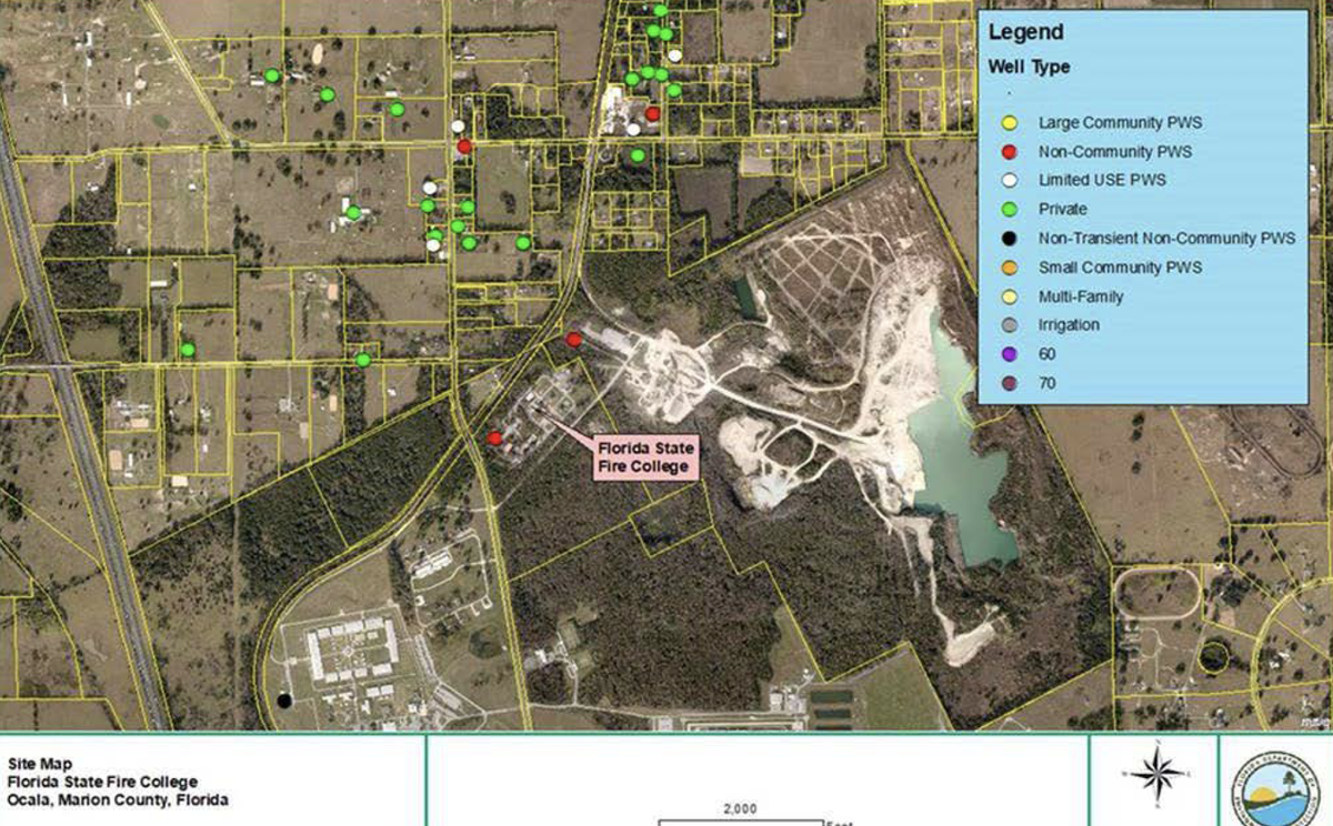 A map of the Florida State Fire College and surrounding area shows the many private wells nearby. At least three wells outside the fire college tested positive for elevated levels of those chemicals two months ago, and the local health department has been soliciting requests from local residents who also wish to have their own water tested.