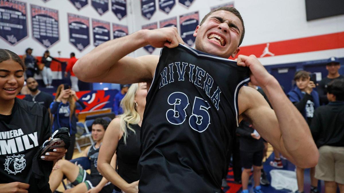 Riviera Prep guard Dante Allen reacts after the Bulldogs beat Westminster Academy during the boys’ basketball Region 4-3A Final at Westminster Academy School in Fort Lauderdale on Friday, February 23, 2024.
