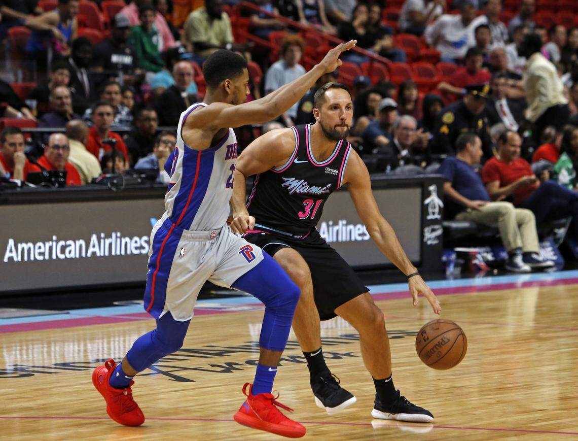 Miami Heat forward Ryan Anderson (31) drives against Detroit Pistons guard Glenn Robinson III (22) in the fourth quarter of an NBA basketball game at AmericanAirlines Arena on Saturday, February 23, 2019 in Miami.