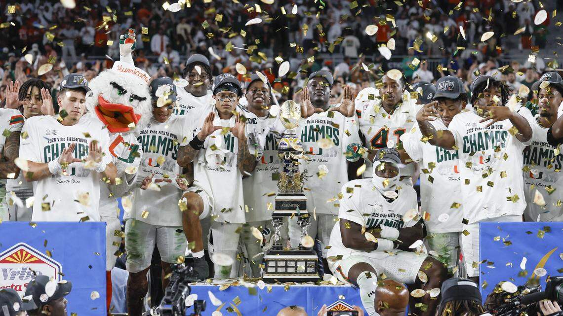 The Miami Hurricanes celebrate after defeating the Mississippi Rebels during the College Football Playoff semifinal at the Fiesta Bowl in State Farm Stadium on Friday, January 9, 2026 in Glendale, Arizona.
