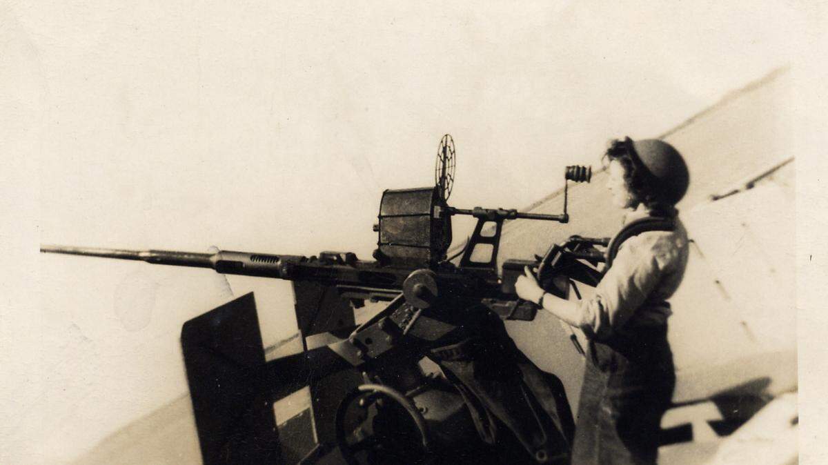 Jean Haydock in 1945 aboard The Carl Oftedal, a U.S. merchant marine ship during World War II in 1945. Haydock, later Jean Pugh, and her friend Joan Quinn, were the only two women permitted to serve aboard the ship during the war after First Lady Eleanor Roosevelt intervened on their behalf.