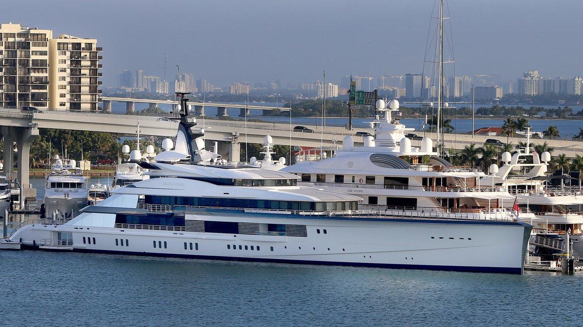 Dallas Cowboys owner Jerry Jones, in Miami for the Super Bowl, anchored his mega-yacht, the 357-foot Bravo Eugenia, at Watson Island.