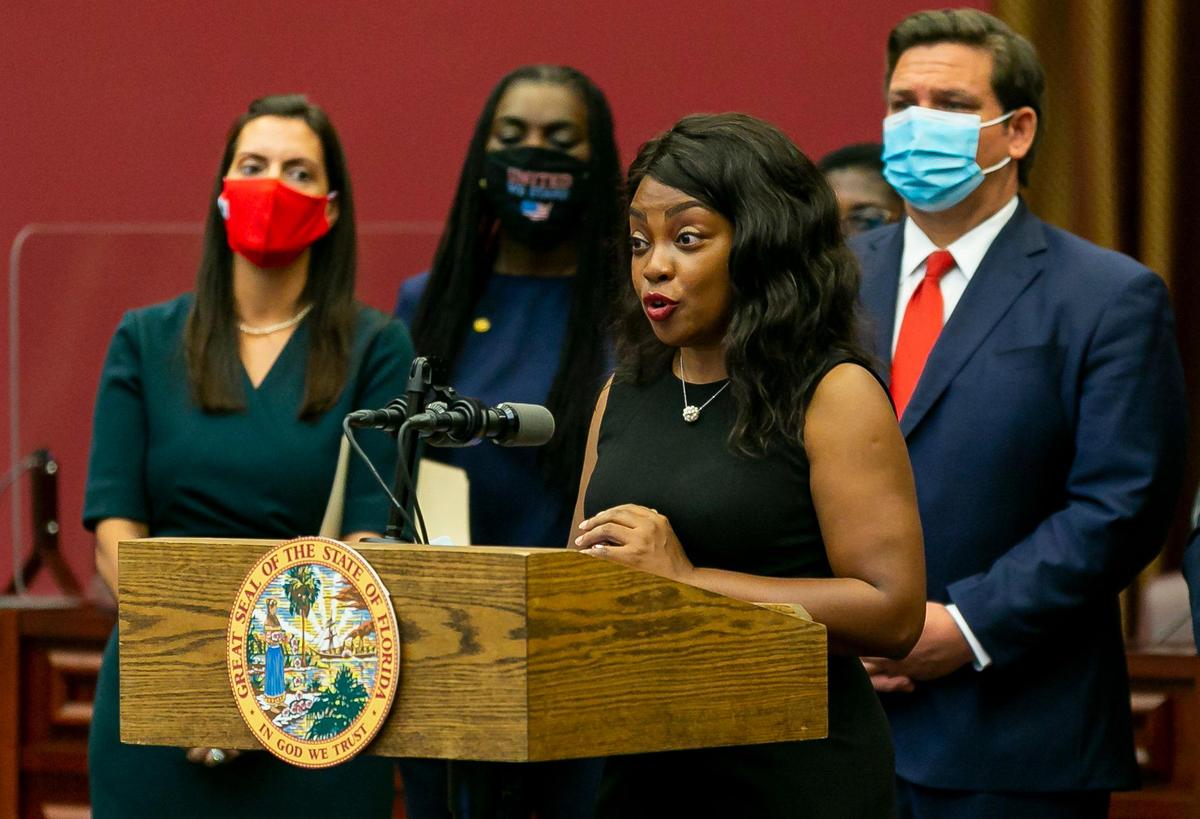 Democratic state Rep. Dotie Joseph of North Miami speaks during a press event in Miramar, Florida, on Wednesday, Sept. 9, 2020. Gov. Ron DeSantis defended his Supreme Court appointment of Judge Renatha Francis, who has been deemed ineligible by a unanimous court.