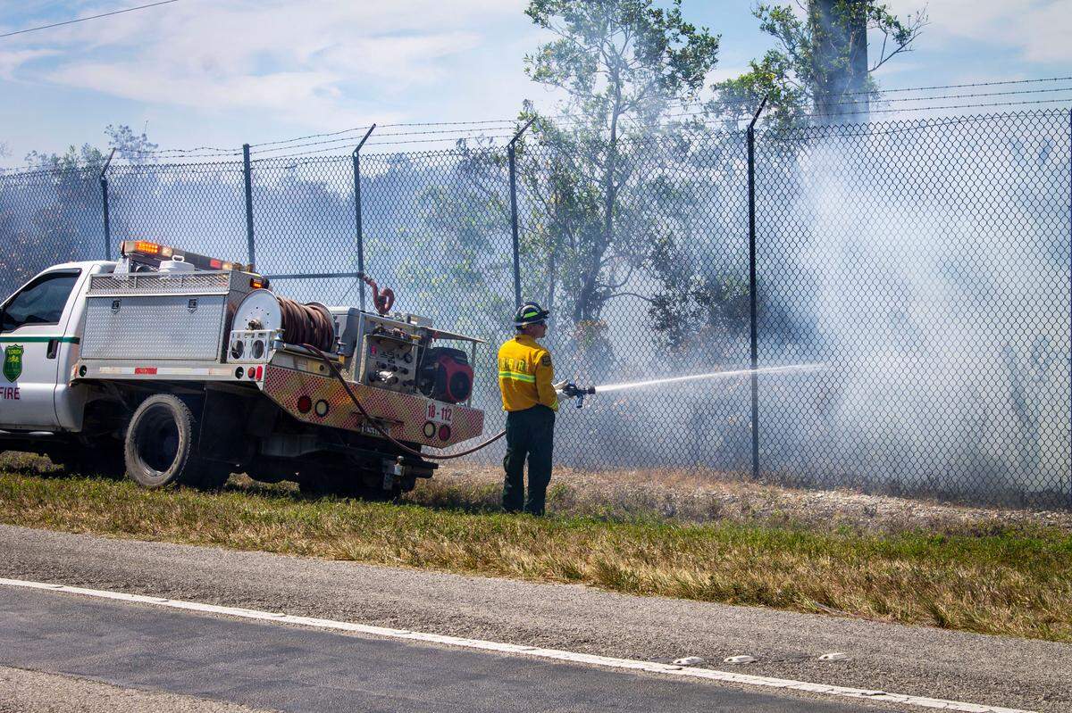 Homestead, FL- Florida Forest Service firefighters assess a new wildfire that flared Friday afternoon, March 21, 2025, along Southwest 344th Street in Homestead.