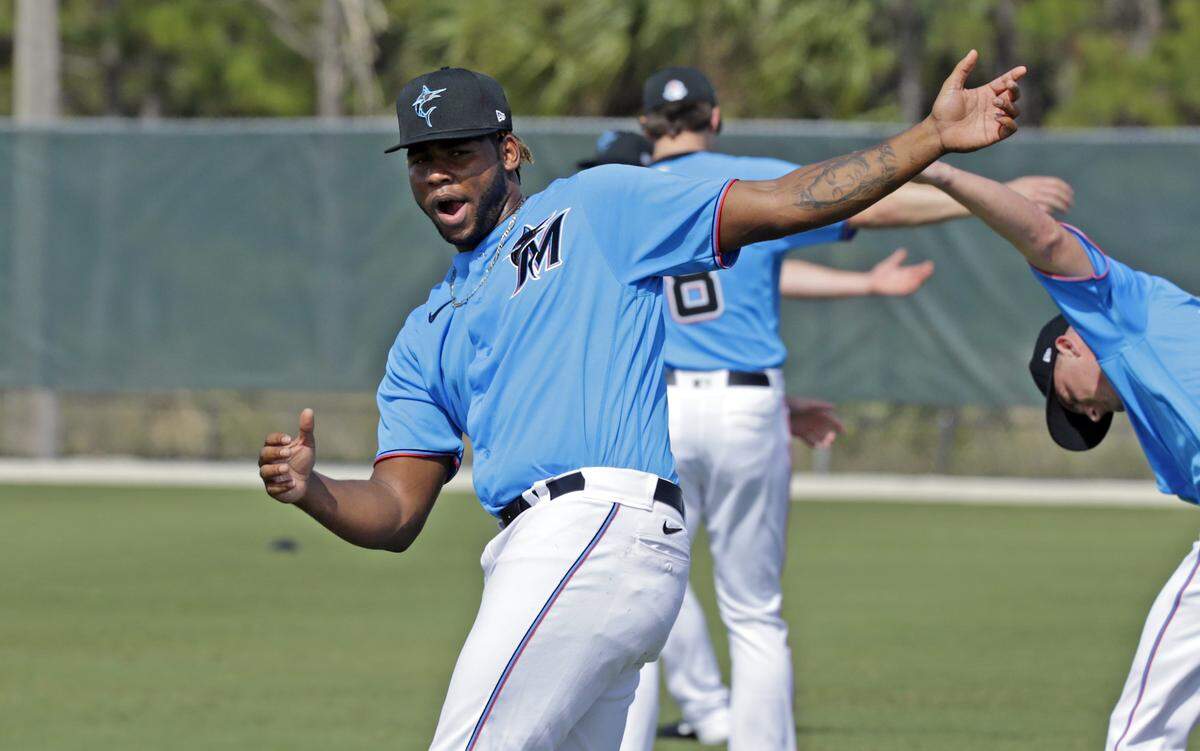 Miami Marlins pitcher Jorge Guzman run drills during the spring training baseball workouts for pitchers and catchers at Roger Dean Stadium on Wednesday, February 12, 2020 in Jupiter, FL.