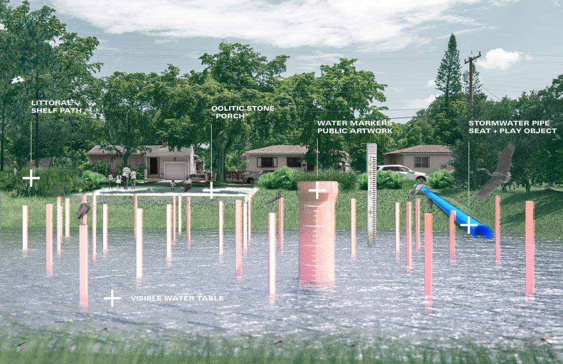 A rendering of the winning project shows plans to turn one of North Miami’s floodprone vacant lots into a park that retains extra rainwater and prevents flooding in the neighborhood.
