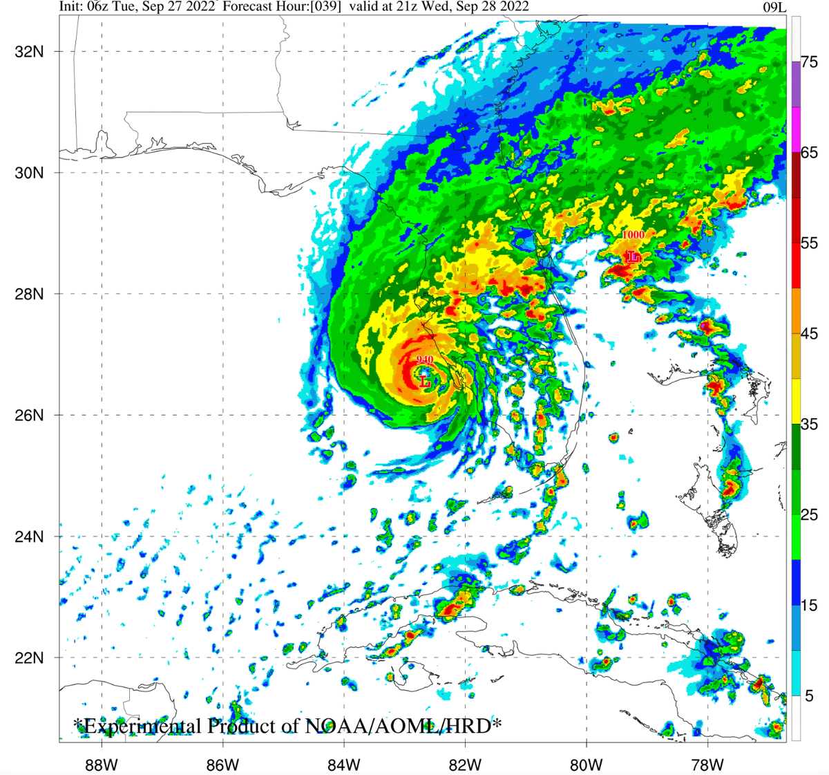 An example of the Hurricane Analysis and Forecast System or HAFS running for Hurricane Ian in 2022.