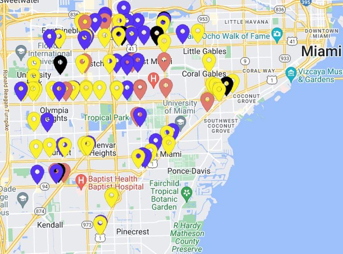GasBuddy’s map of a South Florida region including South Miami/Pinecrest, Coral Gables, Kendall and Tamiami shows stations with and without fuel as reported by users of the fuel tracking app. This is a snapshot of noon Thursday, April 20, 2023.