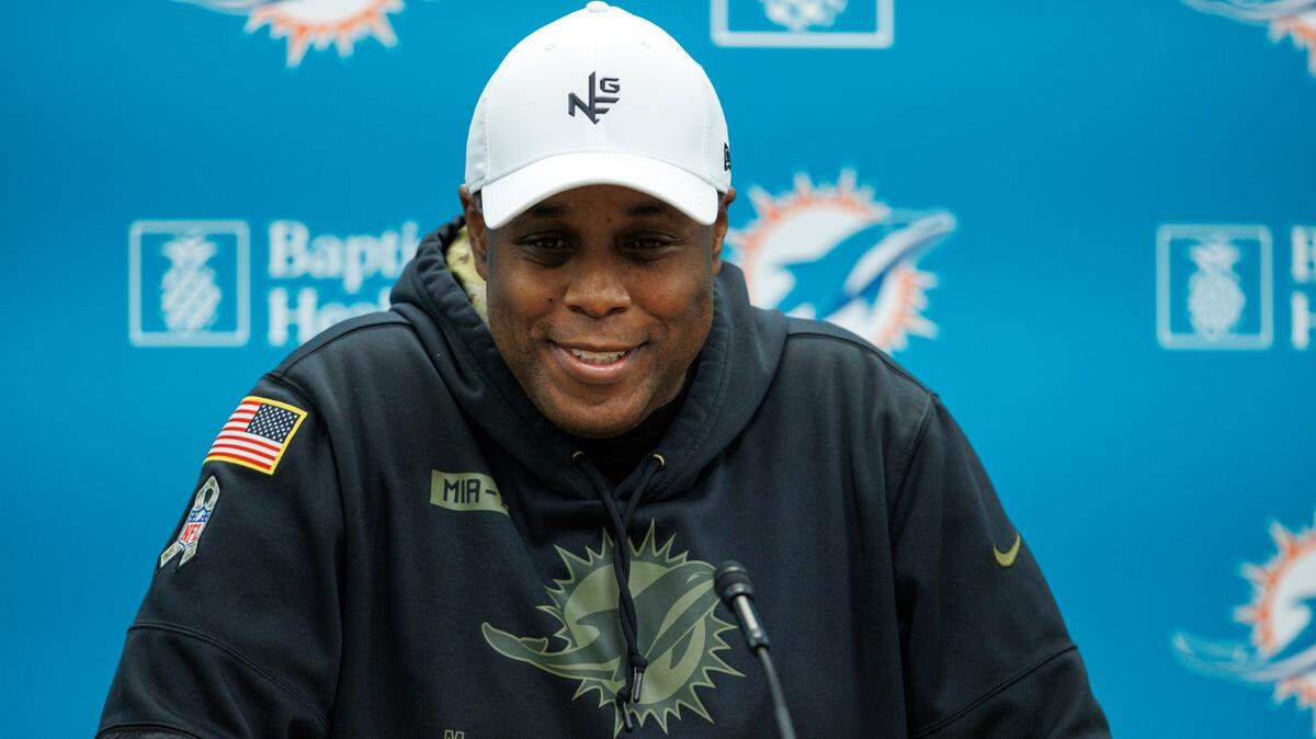 Miami Dolphins general manager Chris Grier speaks during press conference at Baptist Health Training Complex in Hard Rock Stadium on Wednesday, April 20, 2022 in Miami Gardens, Florida.