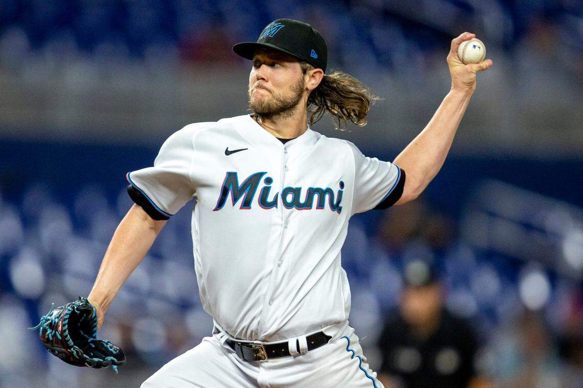 Miami Marlins pitcher Steven Okert (48) throws the ball during the eighth inning of an MLB game against the Chicago Cubs at loanDepot park in the Little Havana neighborhood of Miami, Florida, on Tuesday, September 20, 2022.