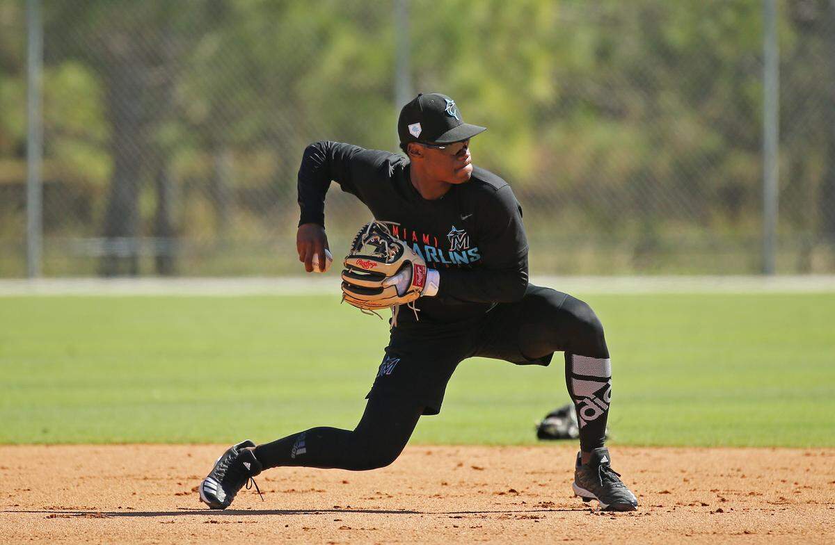 Miami Marlins minor league infielder Osiris Johnson runs drills during practice spring training game at the Roger Dean Chevrolet Stadium on Wednesday, March 6, 2019 in Jupiter, FL.