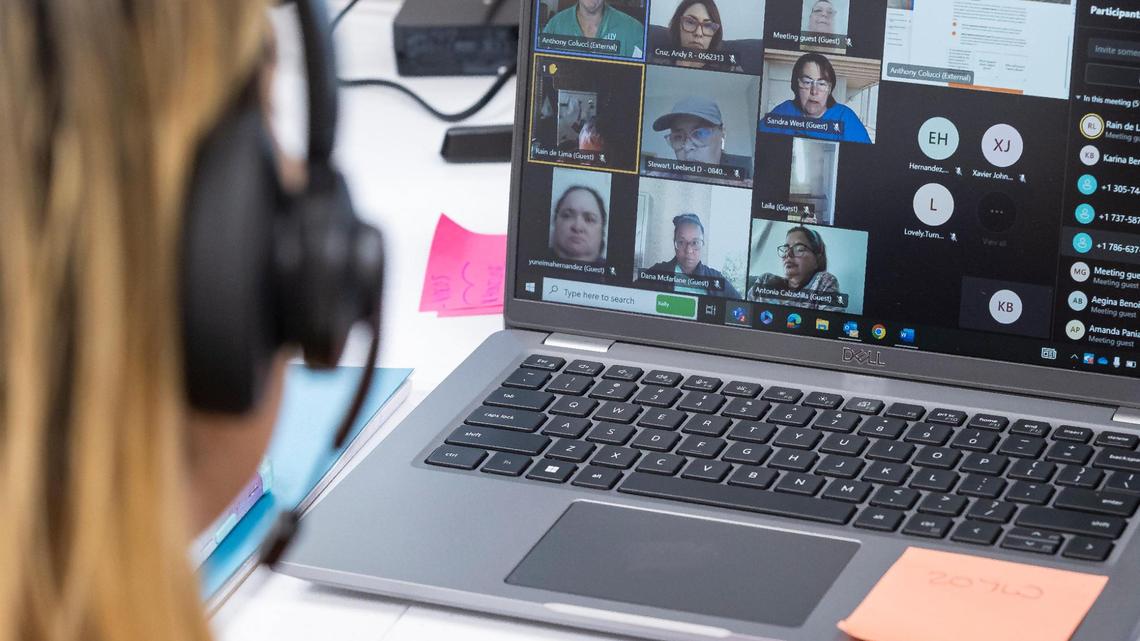 Karina Bermudez, who works with Kelly Education, leads an online orientation class for people looking to become Miami-Dade Schools substitute teachers through Kelly Education at their offices on Wednesday, Oct. 4, 2023, in Miami, Fla.