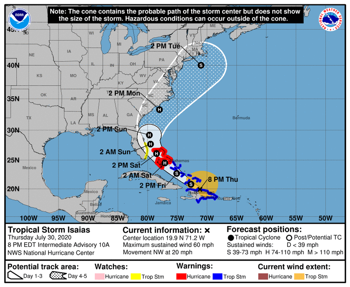 Tropical Storm Isaias is now predicted to strengthen into a hurricane on Saturday.