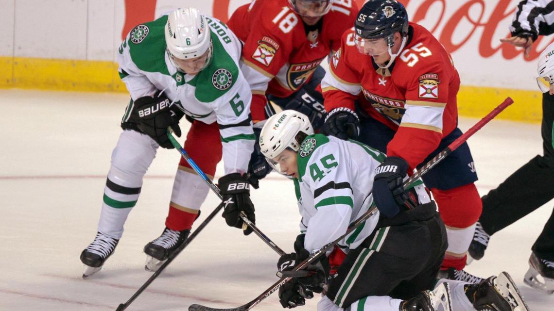 Florida Panthers right wing Serron Noel (18), and center Noel Acciari (55) battle with Dallas Stars defenseman Andreas Borgman (6) and defenseman Sami Vatanen (45) in the first period at the FLA Live Arena in Sunrise on Friday, October 1, 2021.