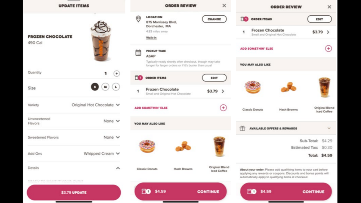 These screenshots show an extra add-on charge for whipped cream, with the subtotals changing from one screen to the next, according to the lawsuit.