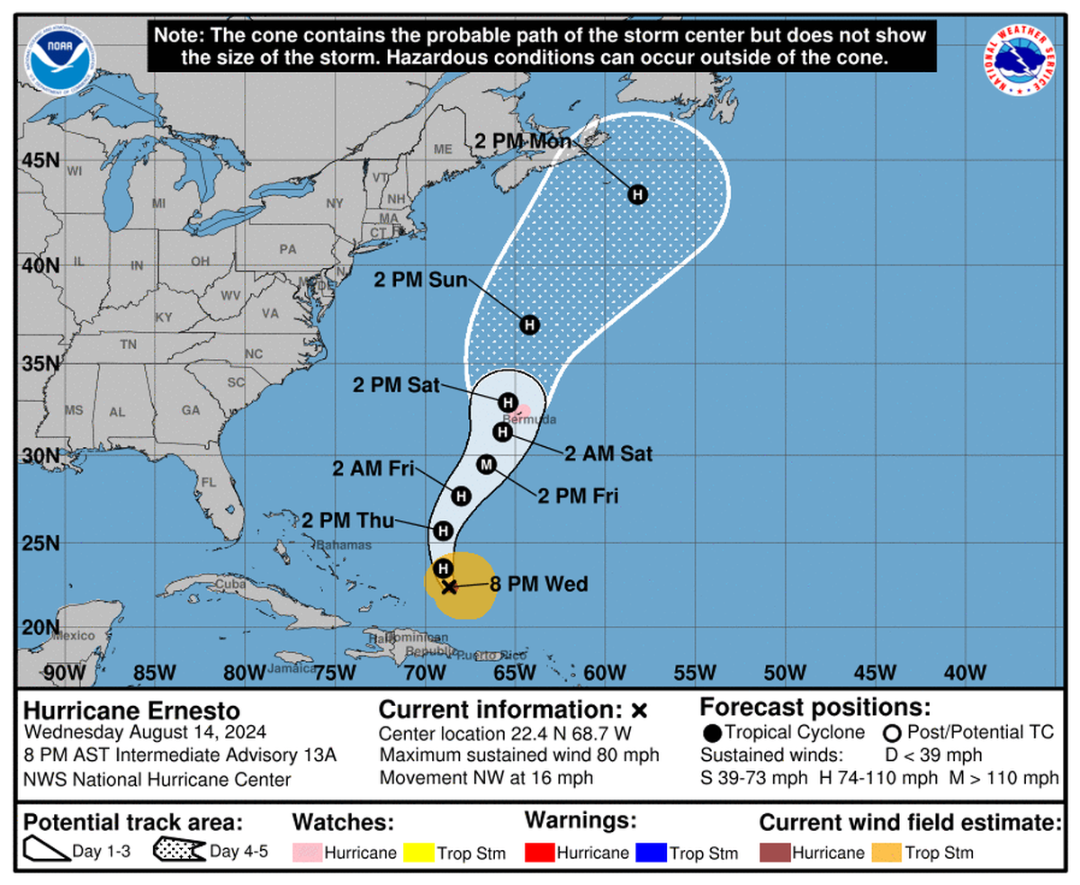 Tropical Storm Ernesto has strengthened into a Category 1 hurricane in the Atlantic north of Puerto Rico. The forecast track: it could strengthen to a Cat 3.