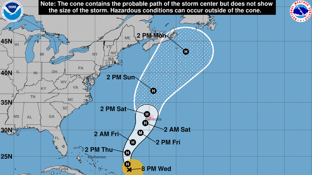 Tropical Storm Ernesto has strengthened into a Category 1 hurricane in the Atlantic north of Puerto Rico. The forecast track: it could strengthen to a Cat 3.