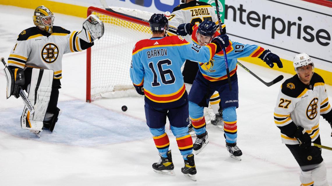 Florida Panthers center Aleksander Barkov (16) celebrates with teammate Panthers left wing Matthew Tkachuk (19) after scoring a power play goal during the second period of an NHL game against the Boston Bruins at FLA Live Arena on Wednesday, November 23, 2022 in Sunrise, Fl.