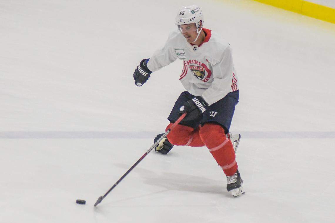 Florida Panthers forward Noel Acciari skates during practice on Sunday, Feb. 13, 2022, at the Panthers IceDen in Coral Springs, Florida.