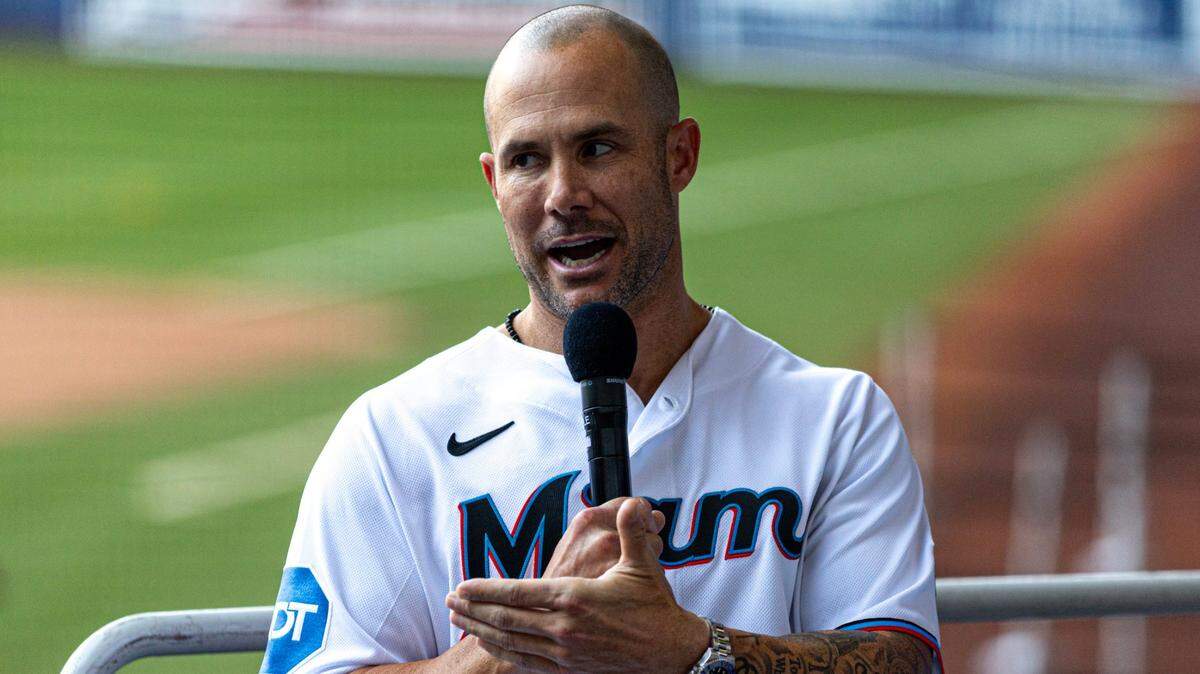 Marlins Manager Skip Schumaker speaks to fans during the Miami Marlins FanFest event at loanDepot park in Miami, Florida on Friday, January 26, 2024.