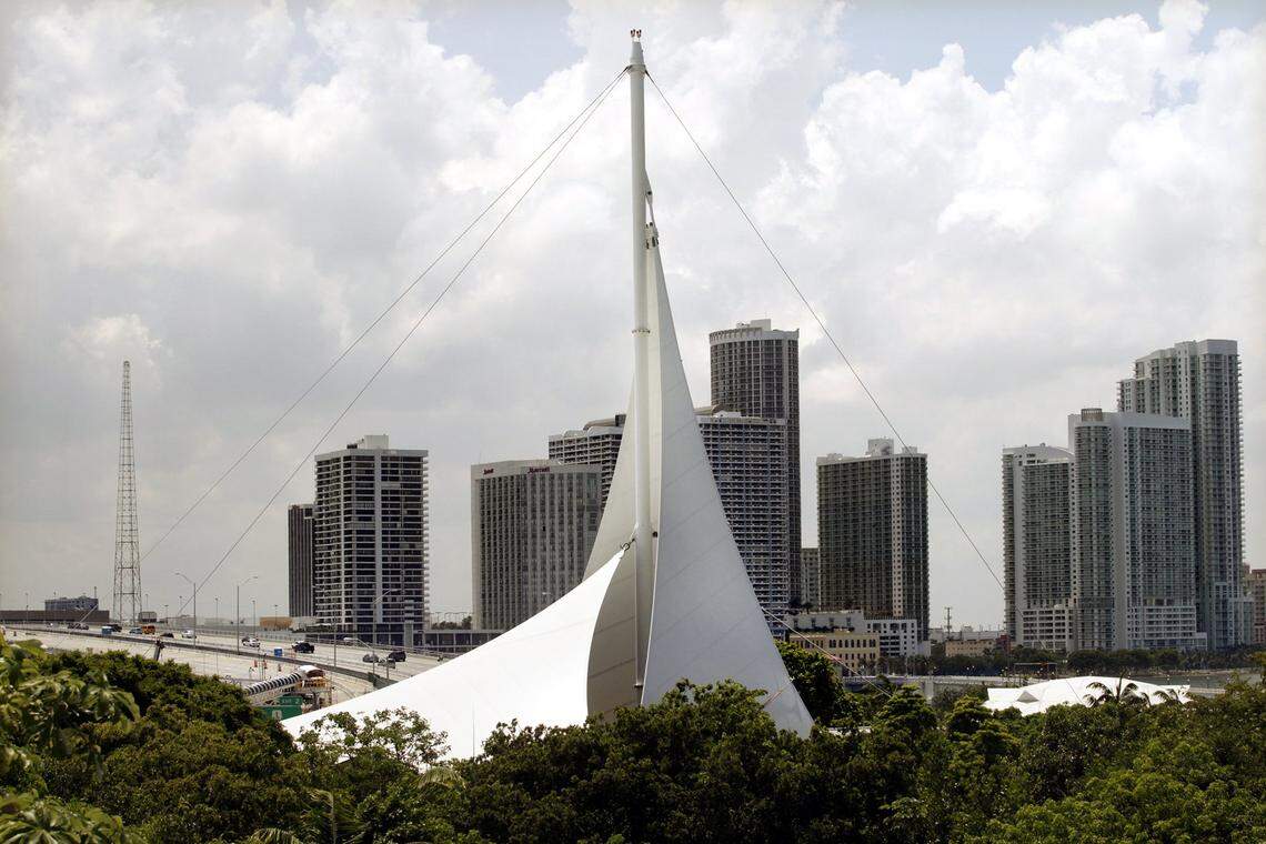 The sail-like landmark at Jungle Island is shown against the Miami skyline on Friday, June 15, 2012.