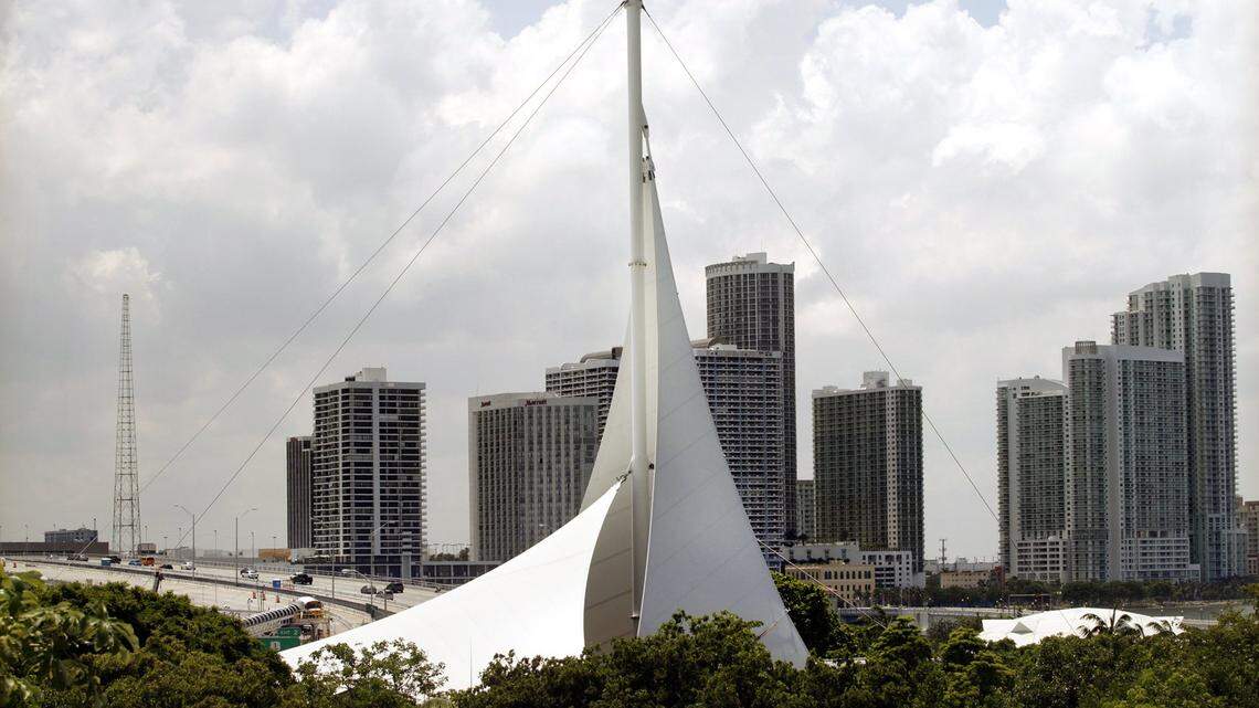 The sail-like landmark at Jungle Island is shown against the Miami skyline on Friday, June 15, 2012.