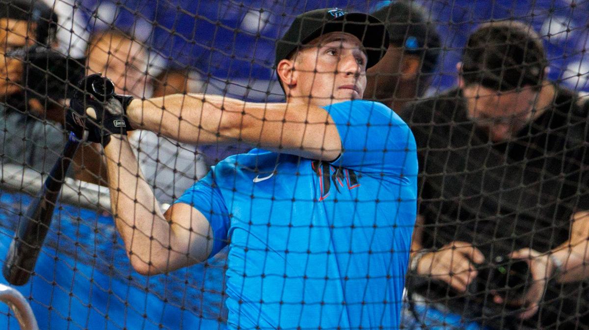 Miami Marlins 2022 first-round pick Jacob Berry during batting practice before the start of a baseball game against the Texas Rangers at LoanDepot Park on Thursday, July 21, 2022 in Miami, Florida.