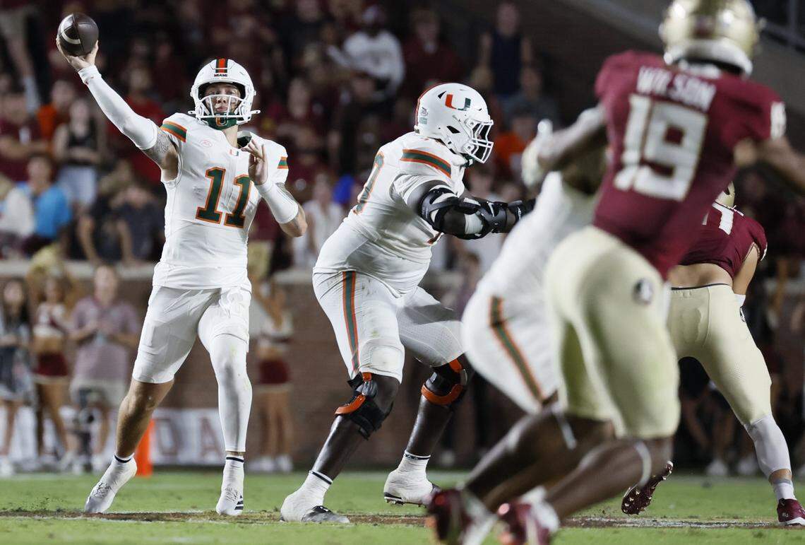 Miami Hurricanes quarterback Carson Beck (11) sets up to pass in the second half of the NCAA game against the Florida State Seminoles at Doak Campbell Stadium in Tallahassee, Florida, on Saturday, October 4, 2025. 