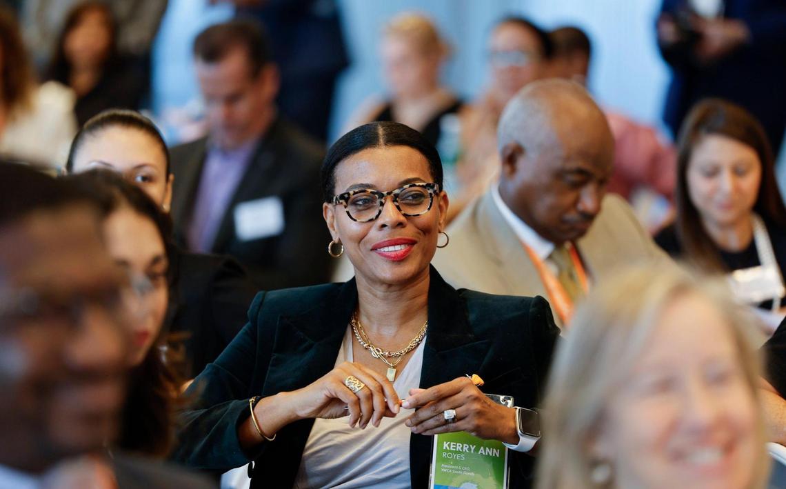 Kerry-Ann Royes, President and Chief Executive Officer at YWCA South Florida listens to speakers during the Miami Leadership Local conference at Bilzen Sumberg in Miami on Friday, October 27, 2023.