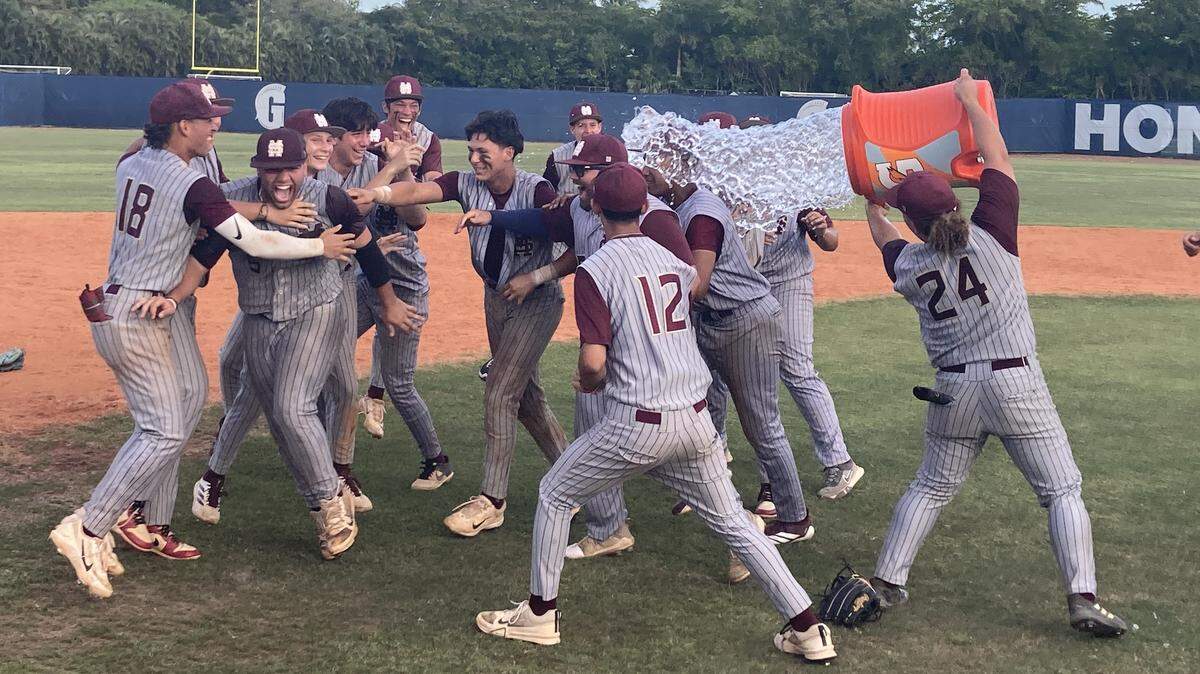 Miami Springs baseball players celebrate on the field after clinching a return trip to the state final four following a win over Gulliver Prep on Saturday.
