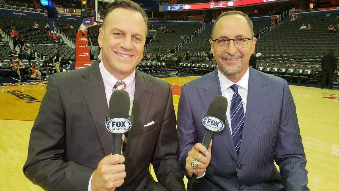 Heat TV announcers Eric Reid, right, and John Crotty, left, will be announcing the team’s games in Lake Buena Vista from a studio inside AmericanAirlines Arena.