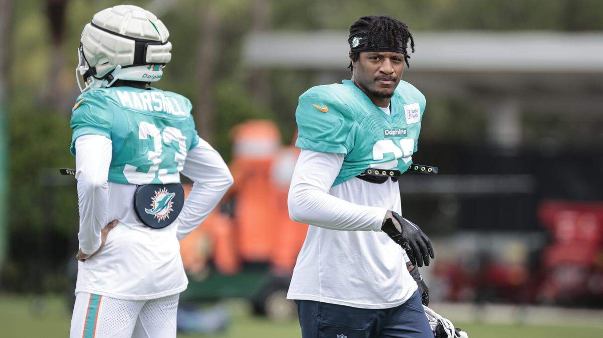 Miami Dolphins cornerback Rasul Douglas (26) on the field during practice at the Miami Dolphins Training Camp in Miami Gardens, Florida, on Wednesday, August 27, 2025.