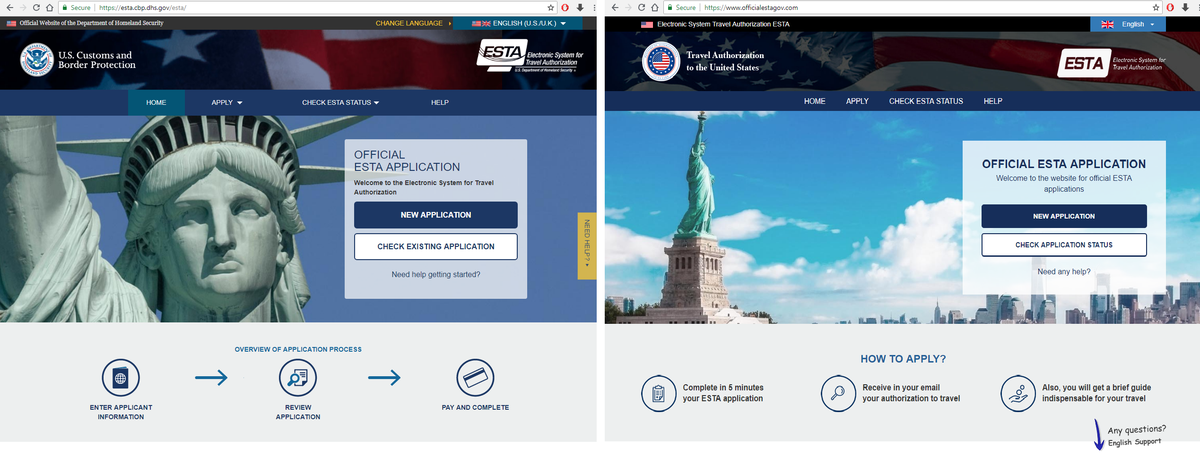 Official ESTA application website, left, and a third-party website, which charges seven times more for the same application.