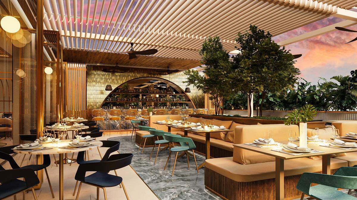 A rendering of the rooftop restaurant Oro, expected to open this fall on Lincoln Road.