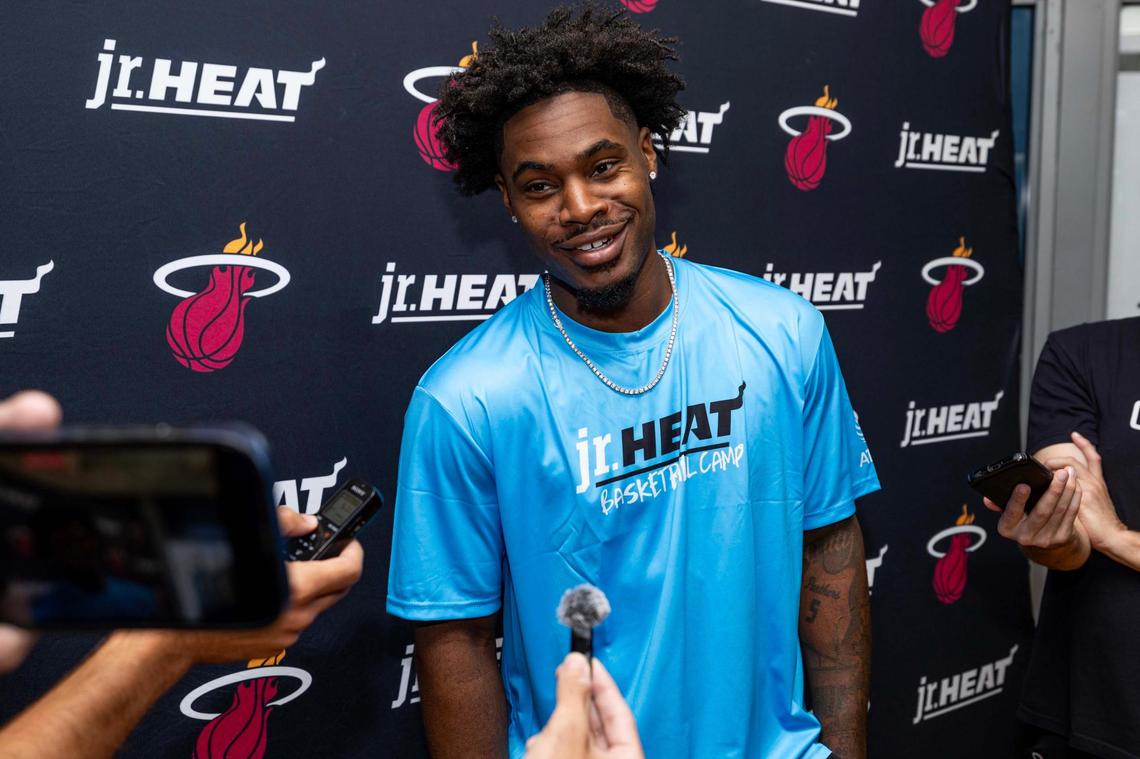 Miami Heat guard Davion Mitchell speaks to media during Jr. Heat Basketball Camp at SLAM! on July 8, 2025, in Miami.
