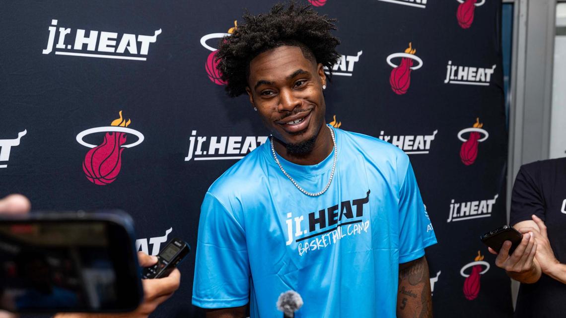 Miami Heat guard Davion Mitchell speaks to media during Jr. Heat Basketball Camp at SLAM! on Tuesday, July 8, 2025, in Miami, Fla.