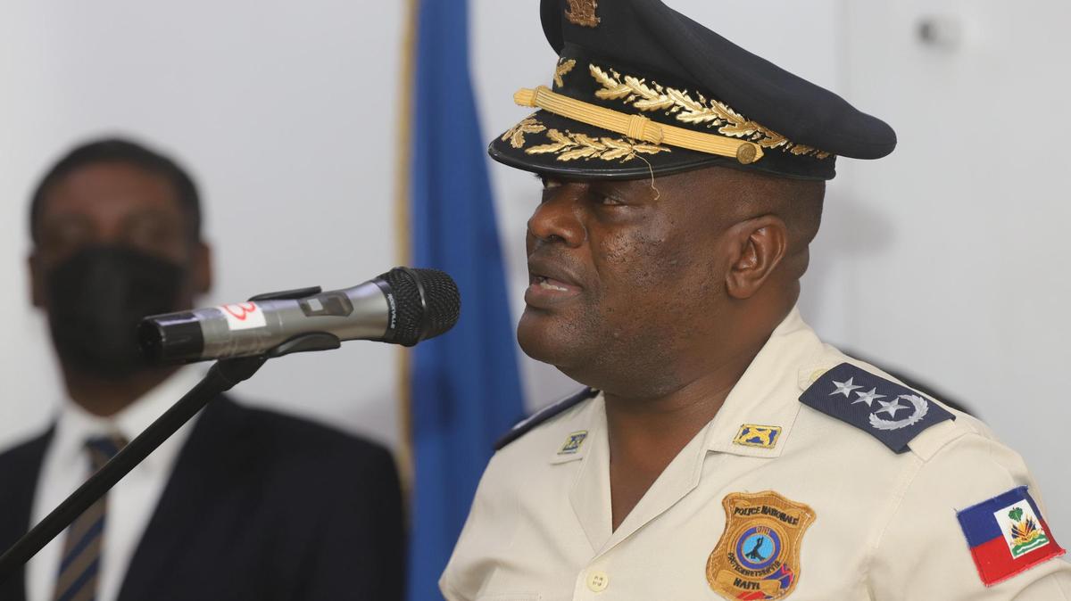 Newly appointed chief of the Haitian National Police, Frantz Elbé, speaks at a ceremony for his installation after the resignation of former interim Police Chief Léon Charles, in Port-au-Prince, Haiti, on Oct. 21, 2021.