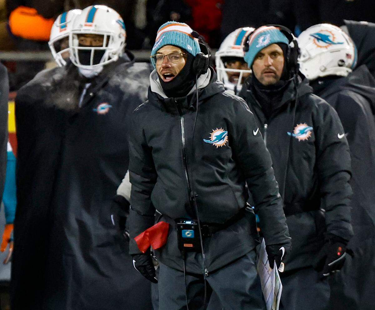 Miami Dolphins head coach Mike McDaniel reacts after a call by the officials in the fourth quarter during the game against the Kansas City Chiefs at GEHA Field at Arrowhead Stadium in Kansas City, Missouri, on Saturday, January 13, 2024.